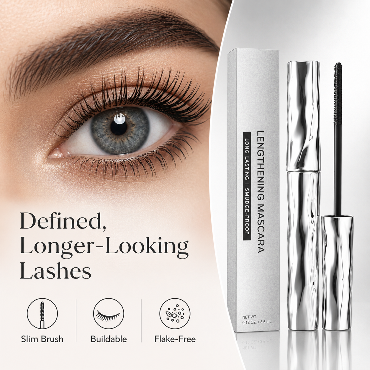 Lengthening Mascara – Waterproof Slim Brush Mascara for Longer-Looking, Defined & Smudge-Resistant Lashes
