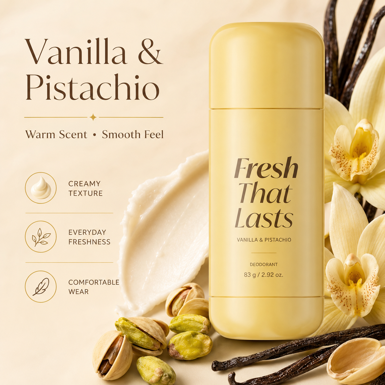 Fresh That Lasts Vanilla & Pistachio Deodorant Stick – Long-Lasting Freshness with Smooth Creamy Glide