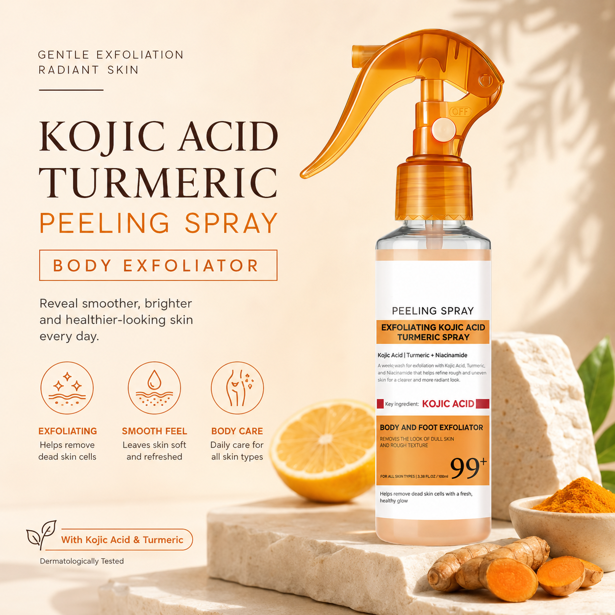 Kojic Acid Turmeric Peeling Spray – Exfoliating Body & Foot Spray for Smoother, Brighter-Looking Skin