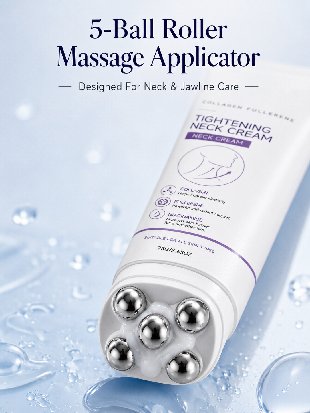 Ball Roller Tightening Neck Cream – Collagen Fullerene Firming Care for Neck & Jawline, Lightweight Hydrating Formula-HS