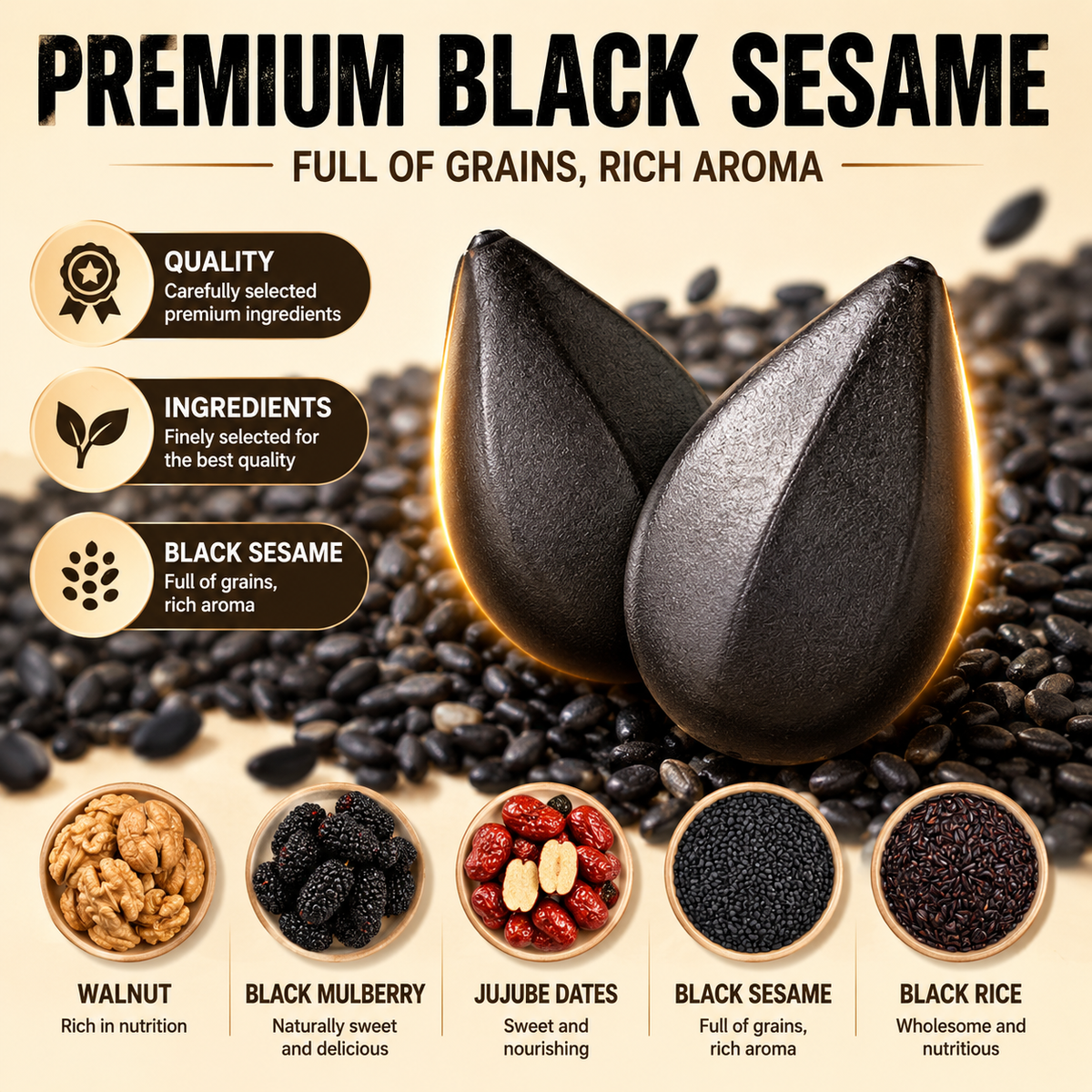 Patrimonio Inmaterial Bolas de Sésamo Negro 5 Tesoros – Nueve Cocciones al Vapor y Nueve Secados al Sol, Artesanía Tradicional & Repara el Cabello Dañado y Promueve el Sueño-HS