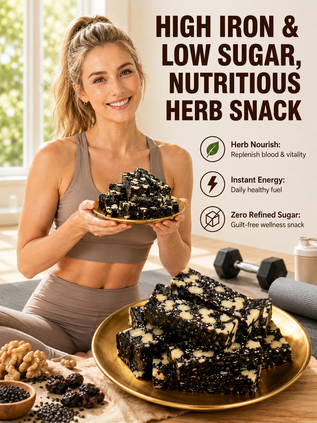 Pastel de Sésamo de Morera, Rehmannia y Goji Negro – Snack de frutos secos a base de hierbas, bajo en azúcar, barra energética-HS