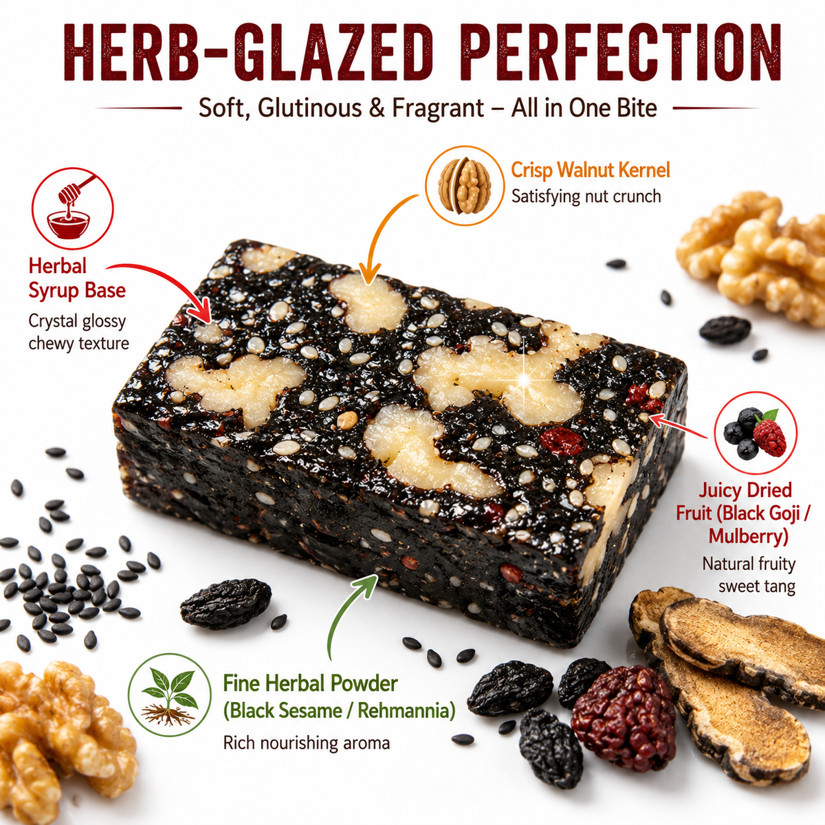 Pastel de Sésamo de Morera, Rehmannia y Goji Negro – Snack de frutos secos a base de hierbas, bajo en azúcar, barra energética-HS