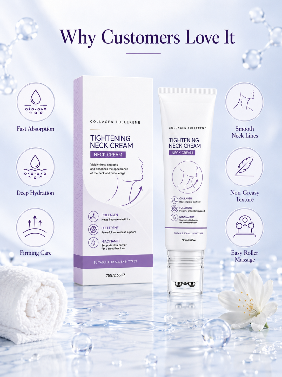 Ball Roller Tightening Neck Cream – Collagen Fullerene Firming Care for Neck & Jawline, Lightweight Hydrating Formula-HS