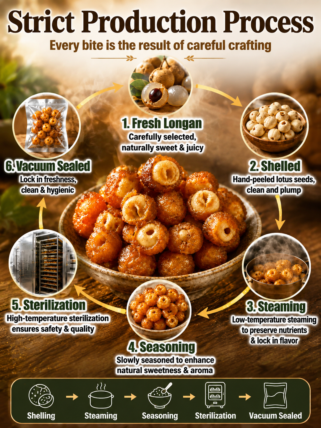 Longan envuelto en semillas de loto. Snack de fruta deshidratada natural listo para consumir para la salud y la relajación
