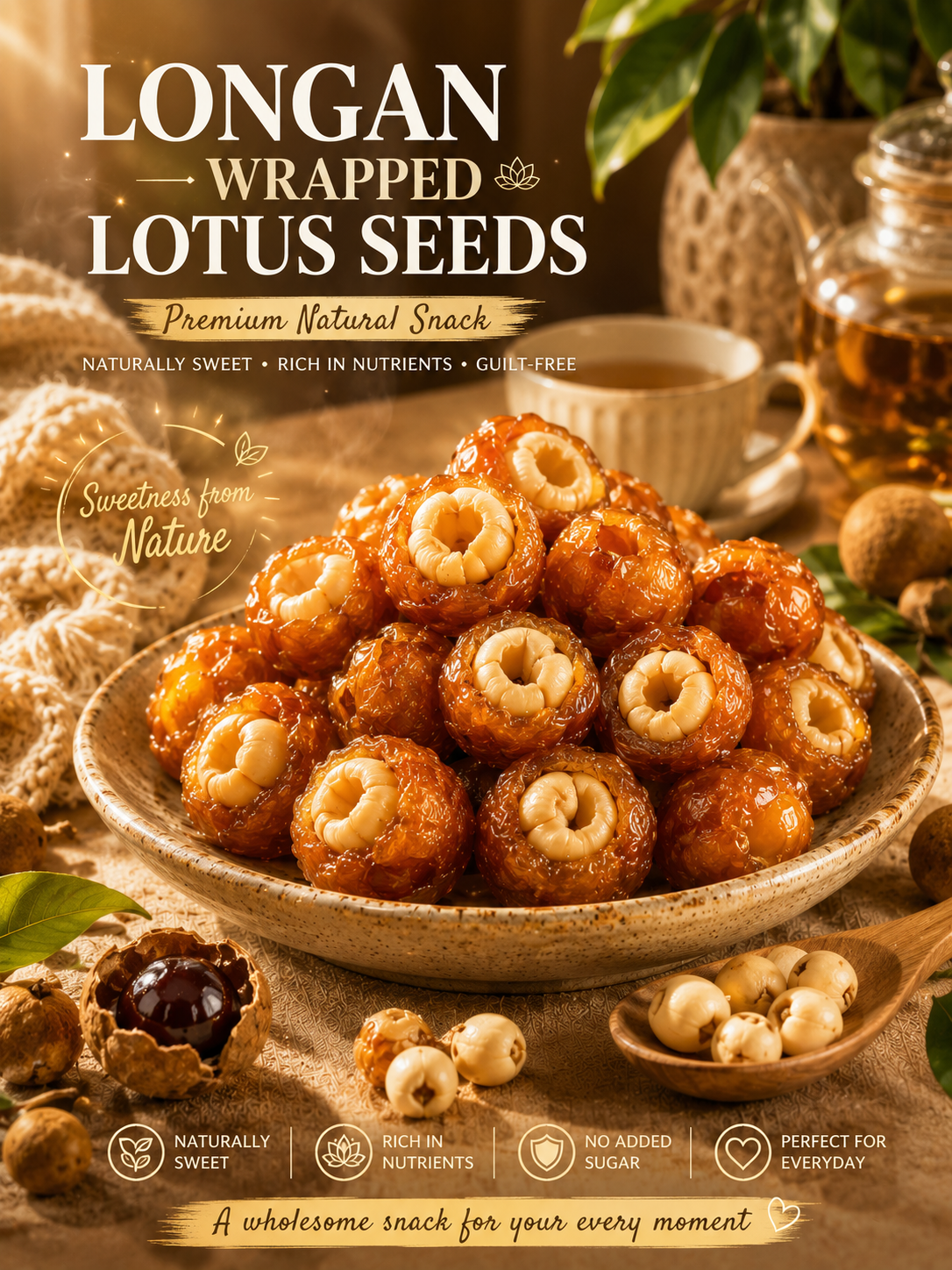 Longan envuelto en semillas de loto. Snack de fruta deshidratada natural listo para consumir para la salud y la relajación