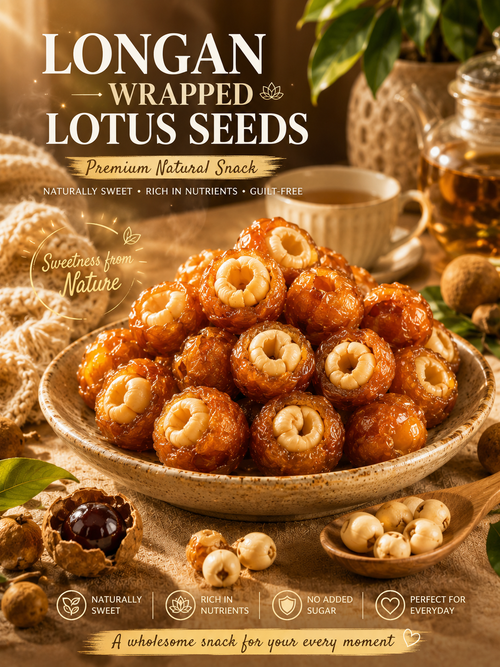 Longan envuelto en semillas de loto. Snack de fruta deshidratada natural listo para consumir para la salud y la relajación