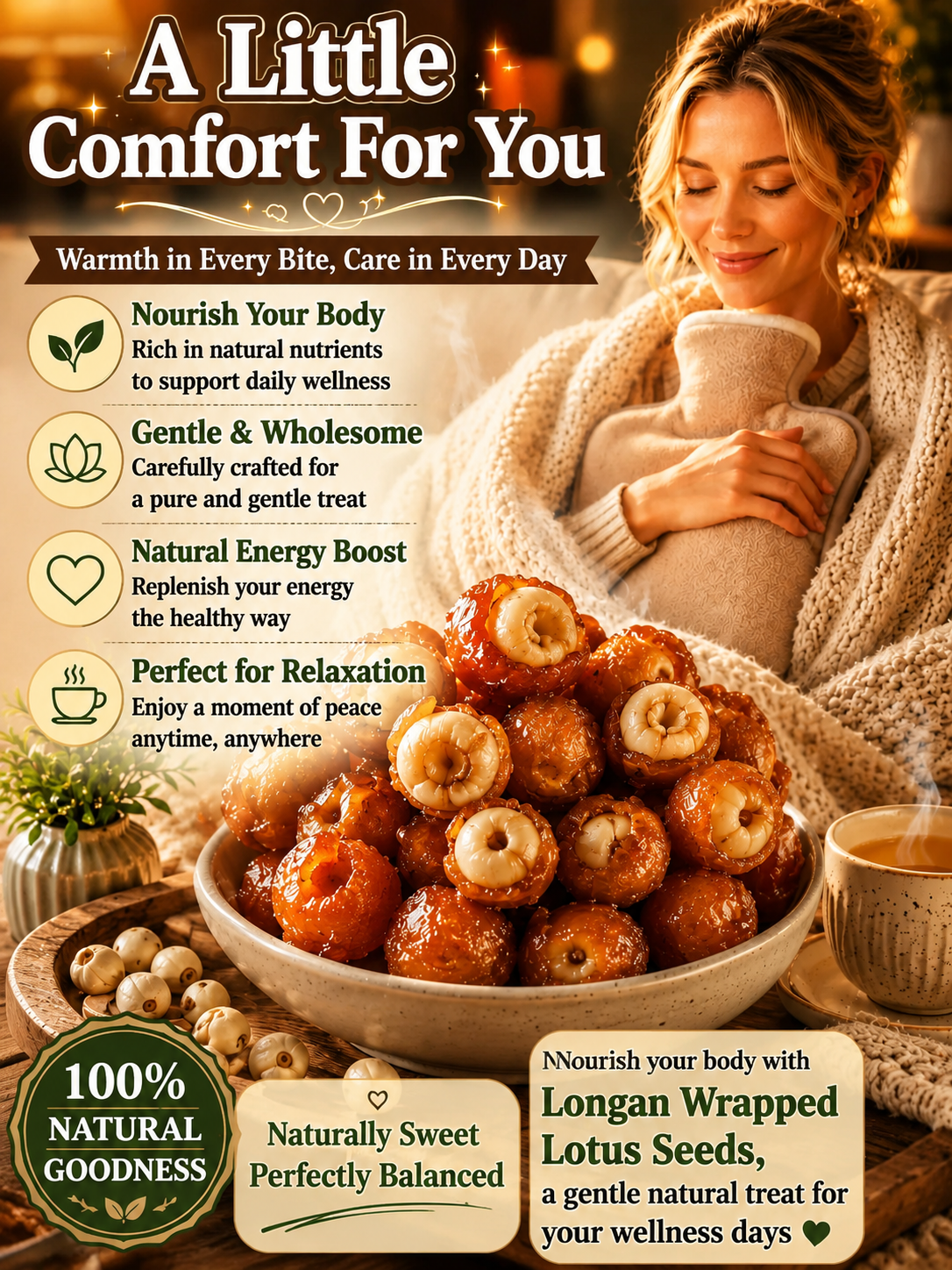 Longan envuelto en semillas de loto. Snack de fruta deshidratada natural listo para consumir para la salud y la relajación