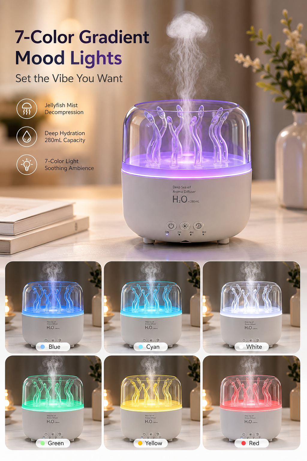 Difusor de aroma de algas giratorio y humidificador de niebla fría