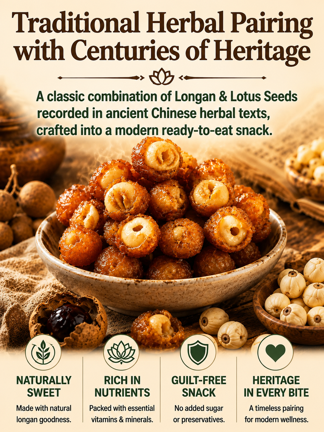 Longan envuelto en semillas de loto. Snack de fruta deshidratada natural listo para consumir para la salud y la relajación