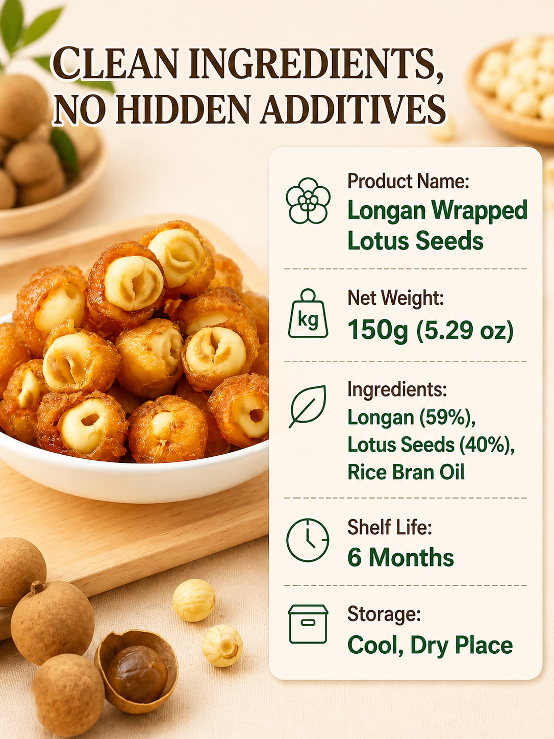 Longan envuelto en semillas de loto. Snack de fruta deshidratada natural listo para consumir para la salud y la relajación