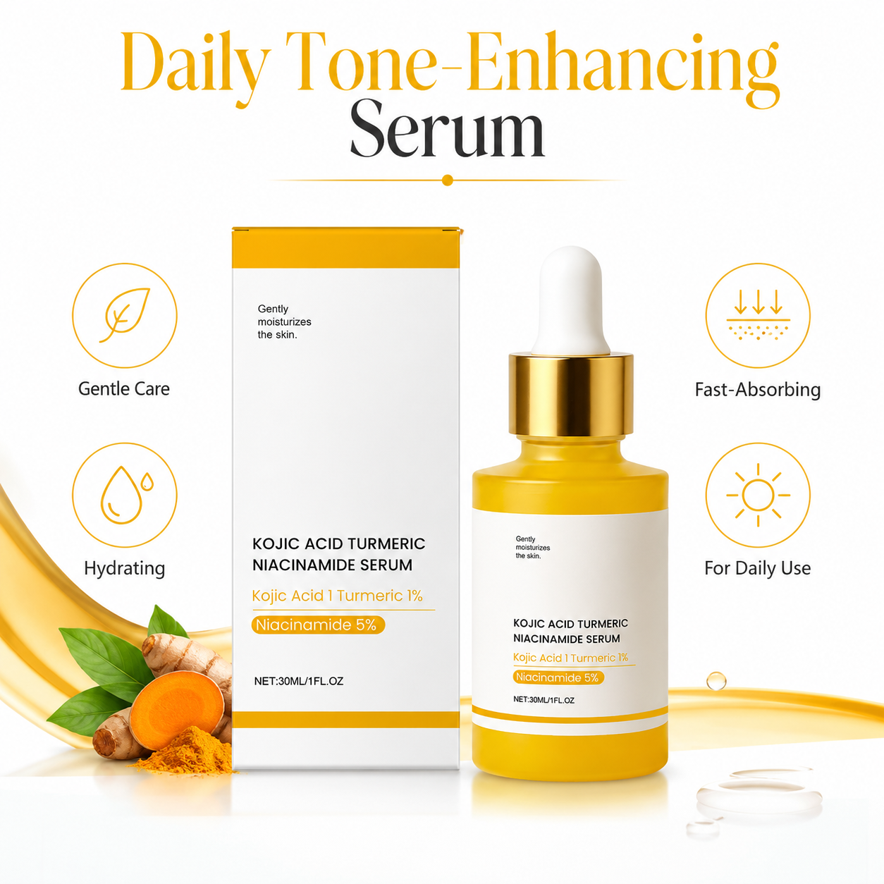 Kojic Acid Turmeric Niacinamide Serum – Brightening Daily Face Serum for Even-Looking, Hydrated & Radiant Skin