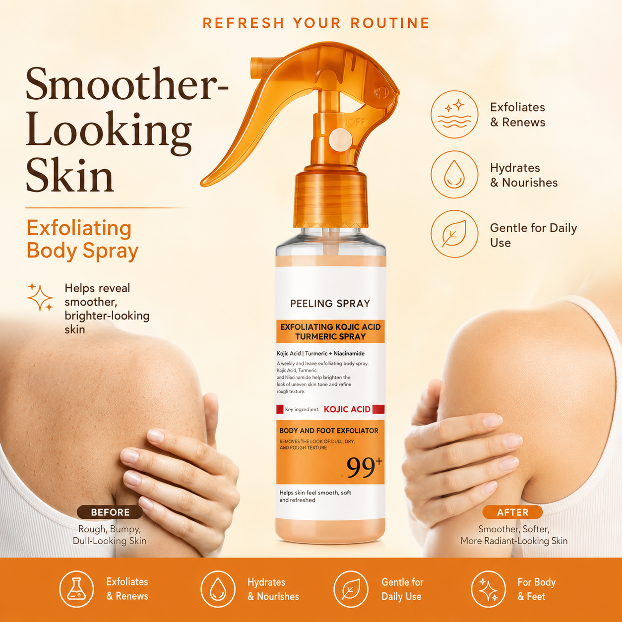 Kojic Acid Turmeric Peeling Spray – Exfoliating Body & Foot Spray for Smoother, Brighter-Looking Skin