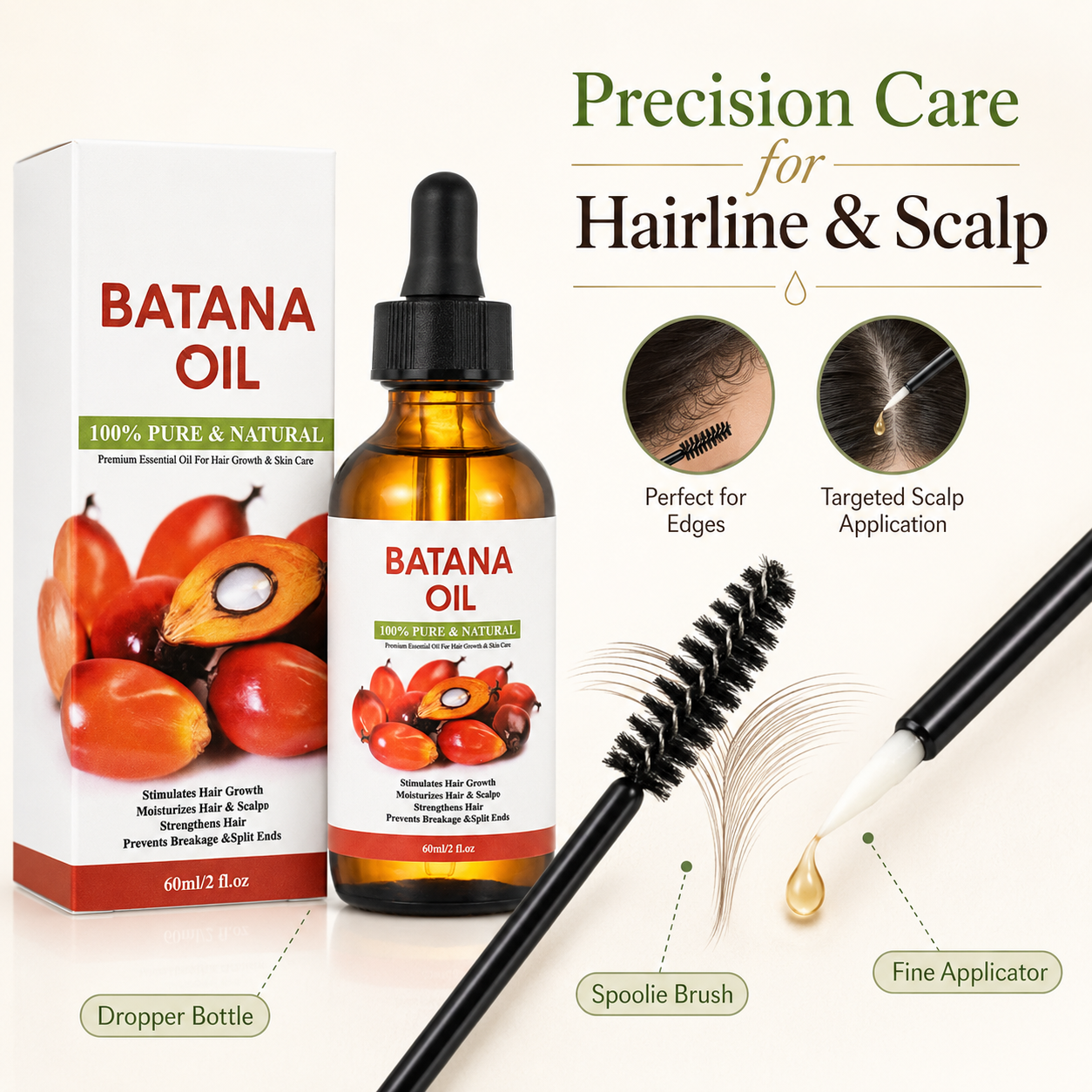 Batana Oil Hair & Scalp Nourishing Oil – 100% Pure Natural Hair Growth Support Oil with Precision Applicators