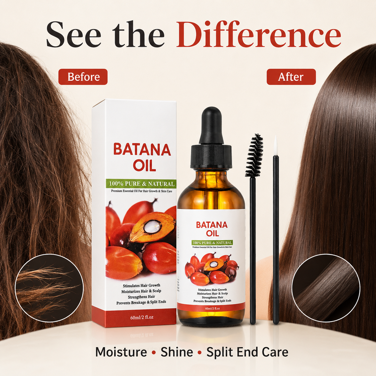 Batana Oil Hair & Scalp Nourishing Oil – 100% Pure Natural Hair Growth Support Oil with Precision Applicators