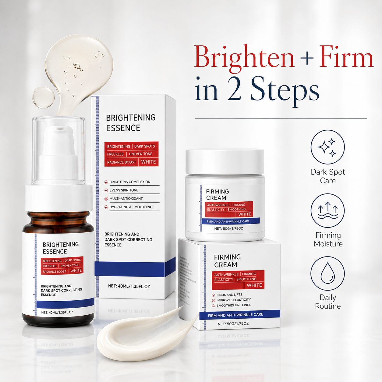2-Step Brightening & Firming Skincare Set – Brightening Essence & Firming Cream Duo for Even-Looking, Smooth & Radiant Skin