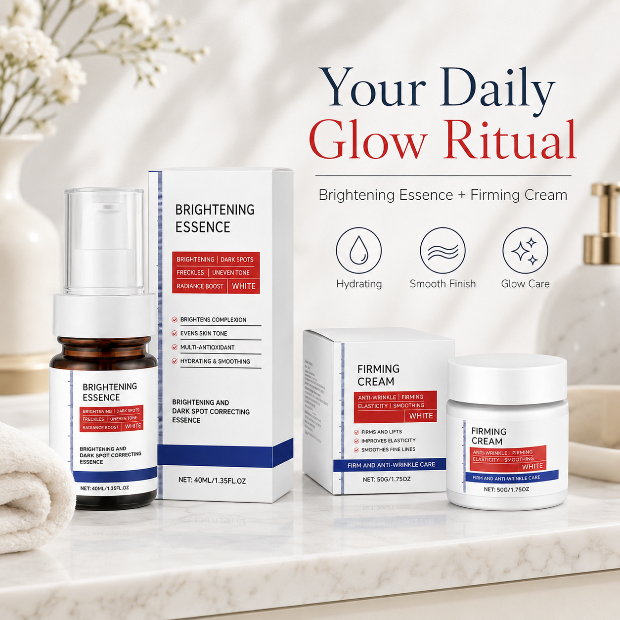 2-Step Brightening & Firming Skincare Set – Brightening Essence & Firming Cream Duo for Even-Looking, Smooth & Radiant Skin