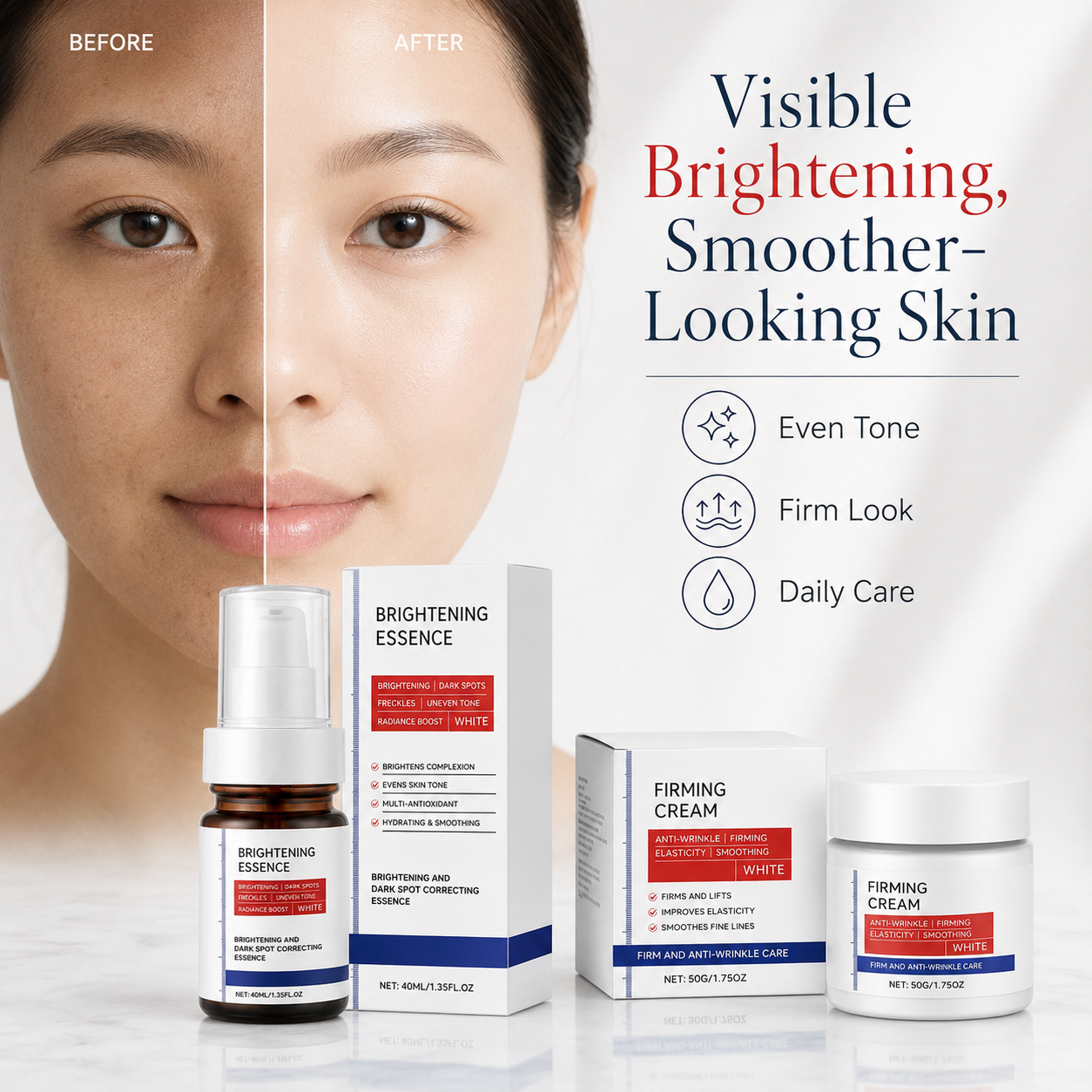 2-Step Brightening & Firming Skincare Set – Brightening Essence & Firming Cream Duo for Even-Looking, Smooth & Radiant Skin