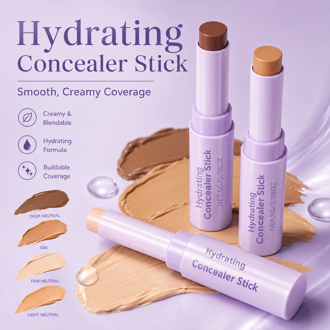 Hydrating Concealer Stick – Creamy Blendable Coverage Makeup Stick with 4 Shades for Smooth Natural Finish