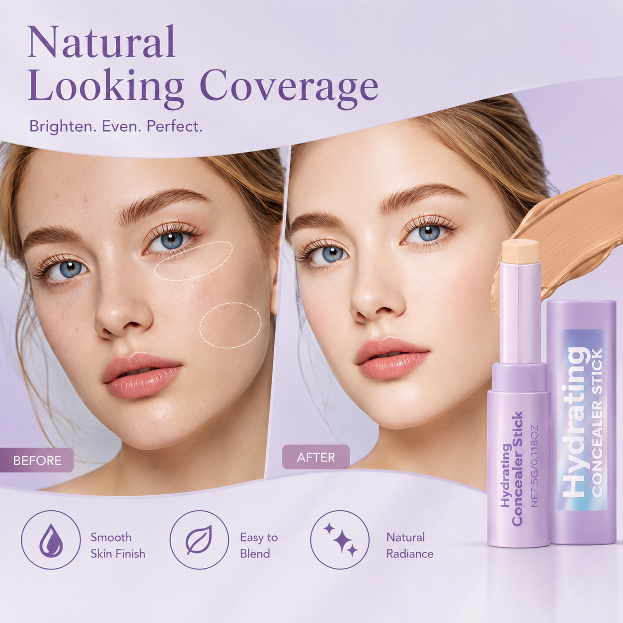 Hydrating Concealer Stick – Creamy Blendable Coverage Makeup Stick with 4 Shades for Smooth Natural Finish