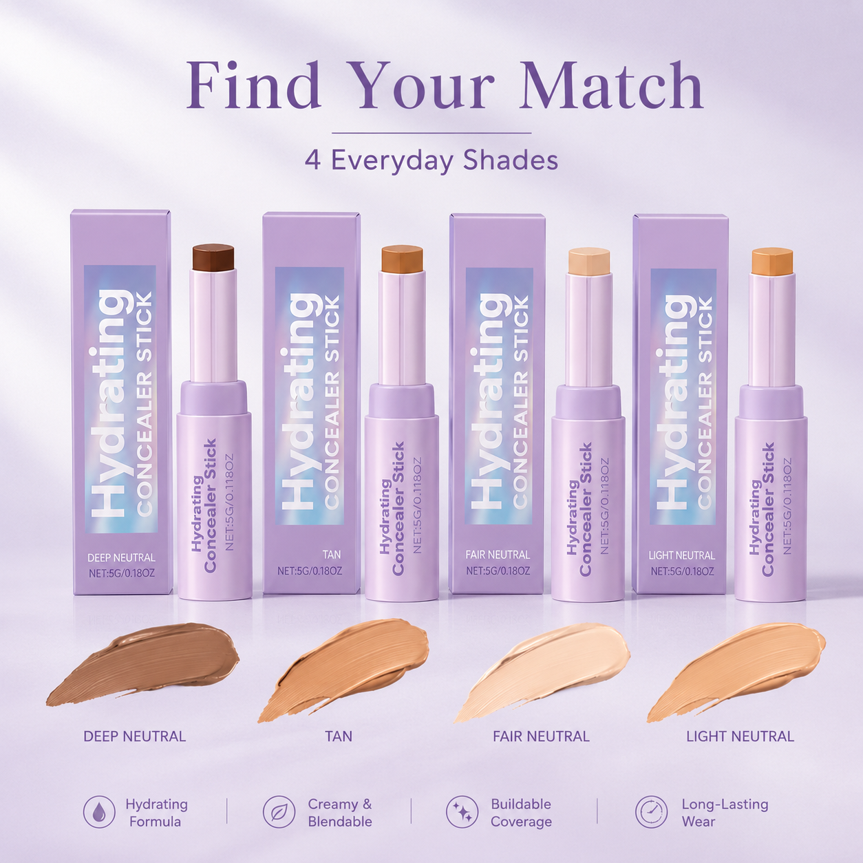 Hydrating Concealer Stick – Creamy Blendable Coverage Makeup Stick with 4 Shades for Smooth Natural Finish