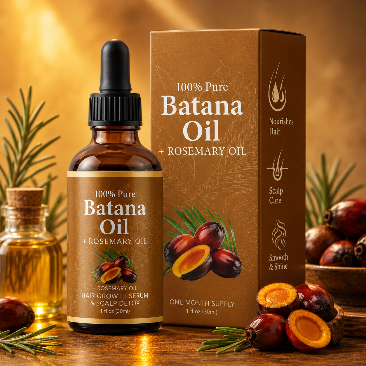 Batana Oil + Rosemary Hair & Scalp Serum – 100% Pure Nourishing Oil for Stronger, Shinier-Looking Hair