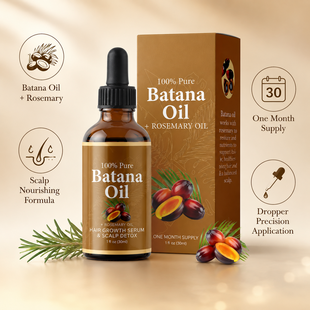 Batana Oil + Rosemary Hair & Scalp Serum – 100% Pure Nourishing Oil for Stronger, Shinier-Looking Hair