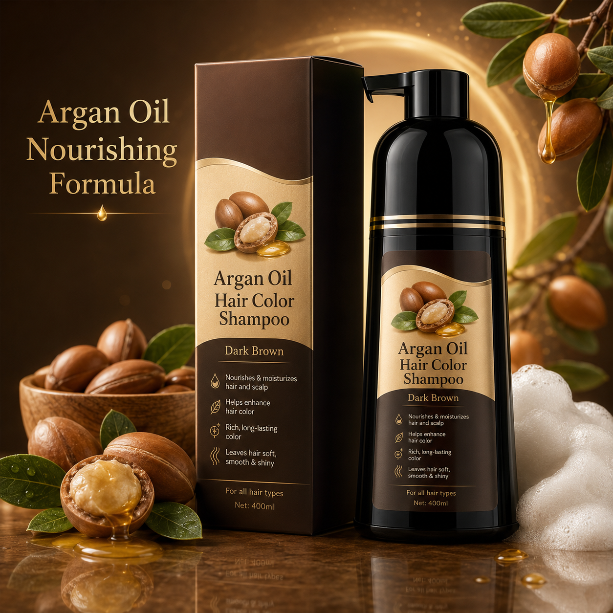 Argan Oil Dark Brown Hair Color Shampoo – Quick Gray Coverage & Nourishing At-Home Hair Color Care