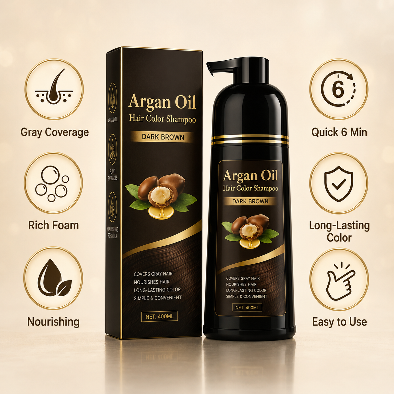 Argan Oil Dark Brown Hair Color Shampoo – Quick Gray Coverage & Nourishing At-Home Hair Color Care