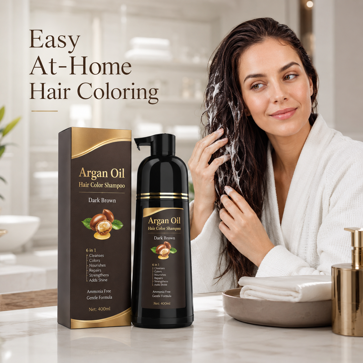 Argan Oil Dark Brown Hair Color Shampoo – Quick Gray Coverage & Nourishing At-Home Hair Color Care