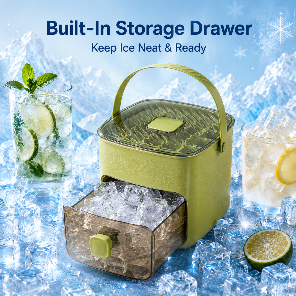 48-Cube 3-in-1 Portable Ice Cube Maker Box with Storage Drawer – Make, Release & Store Ice Easily for Cold Drinks-LUN