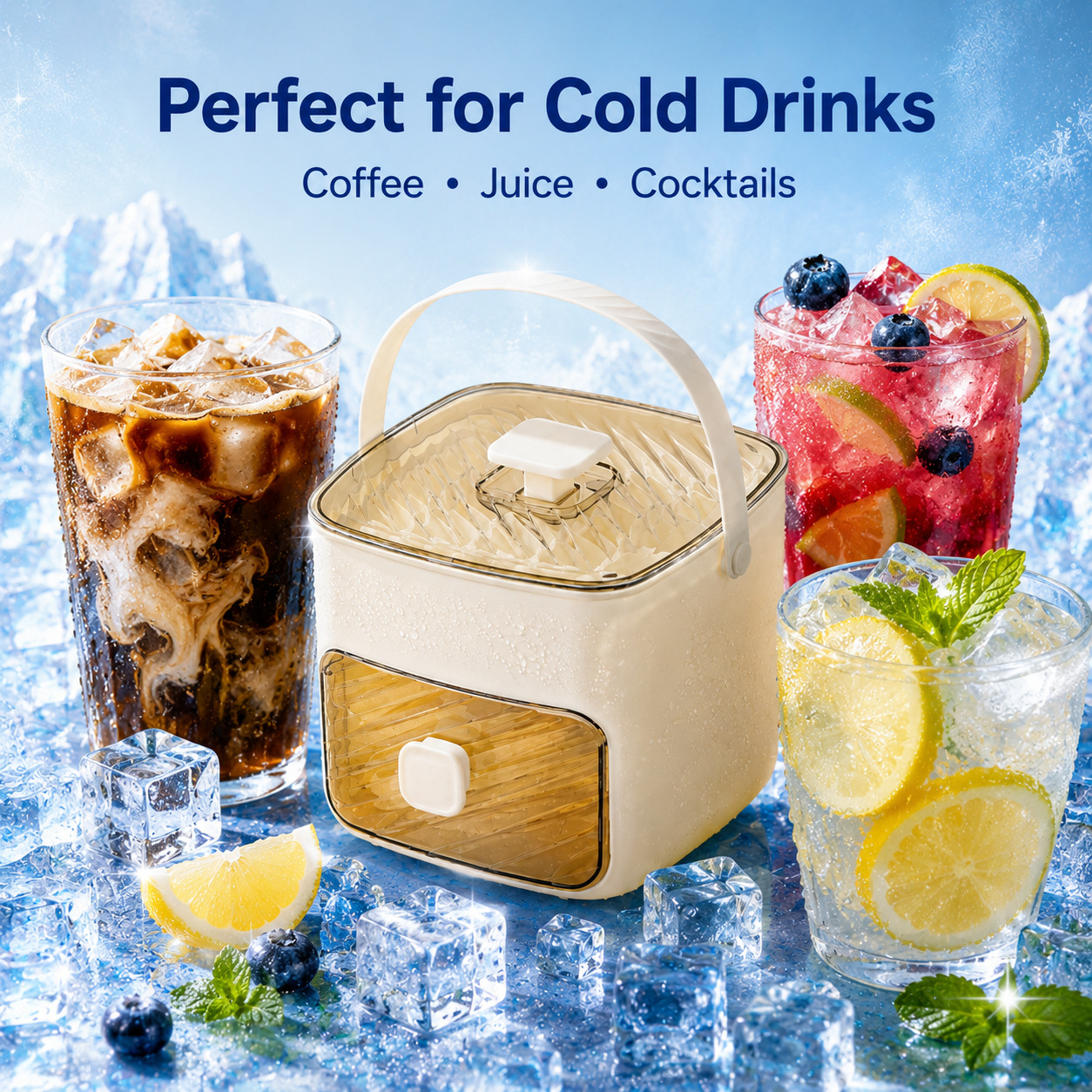 48-Cube 3-in-1 Portable Ice Cube Maker Box with Storage Drawer – Make, Release & Store Ice Easily for Cold Drinks-LUN