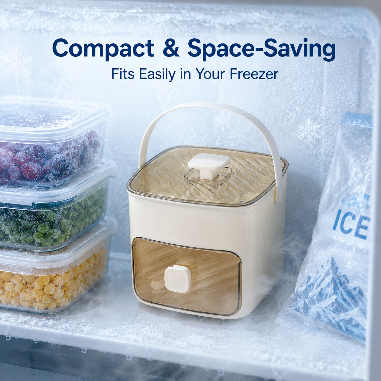 48-Cube 3-in-1 Portable Ice Cube Maker Box with Storage Drawer – Make, Release & Store Ice Easily for Cold Drinks-LUN