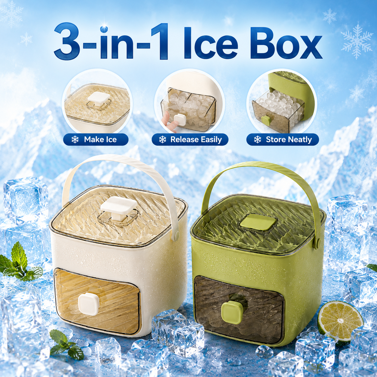 48-Cube 3-in-1 Portable Ice Cube Maker Box with Storage Drawer – Make, Release & Store Ice Easily for Cold Drinks-LUN
