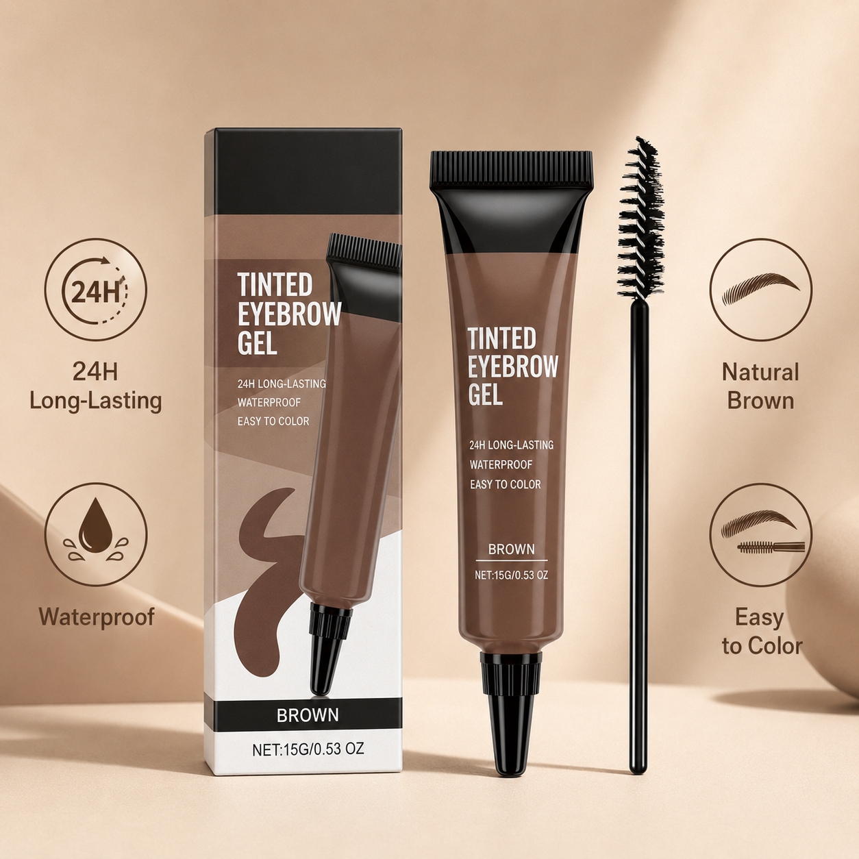 24H Waterproof Tinted Eyebrow Gel – Natural Brown Brow Tint with Spoolie Brush for Long-Lasting Definition