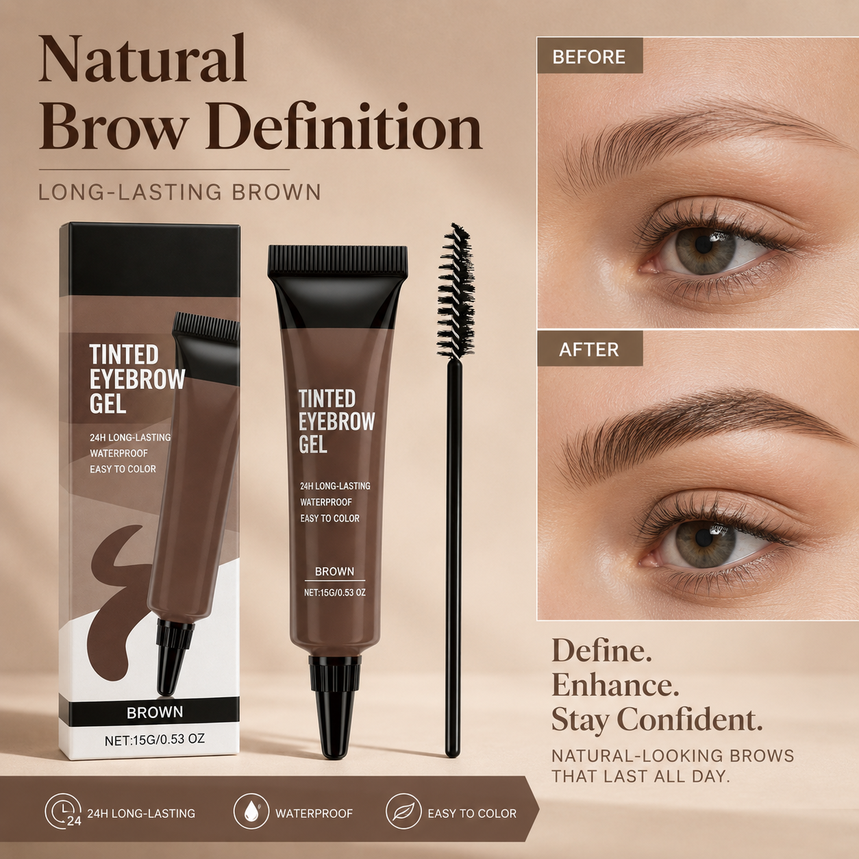 24H Waterproof Tinted Eyebrow Gel – Natural Brown Brow Tint with Spoolie Brush for Long-Lasting Definition